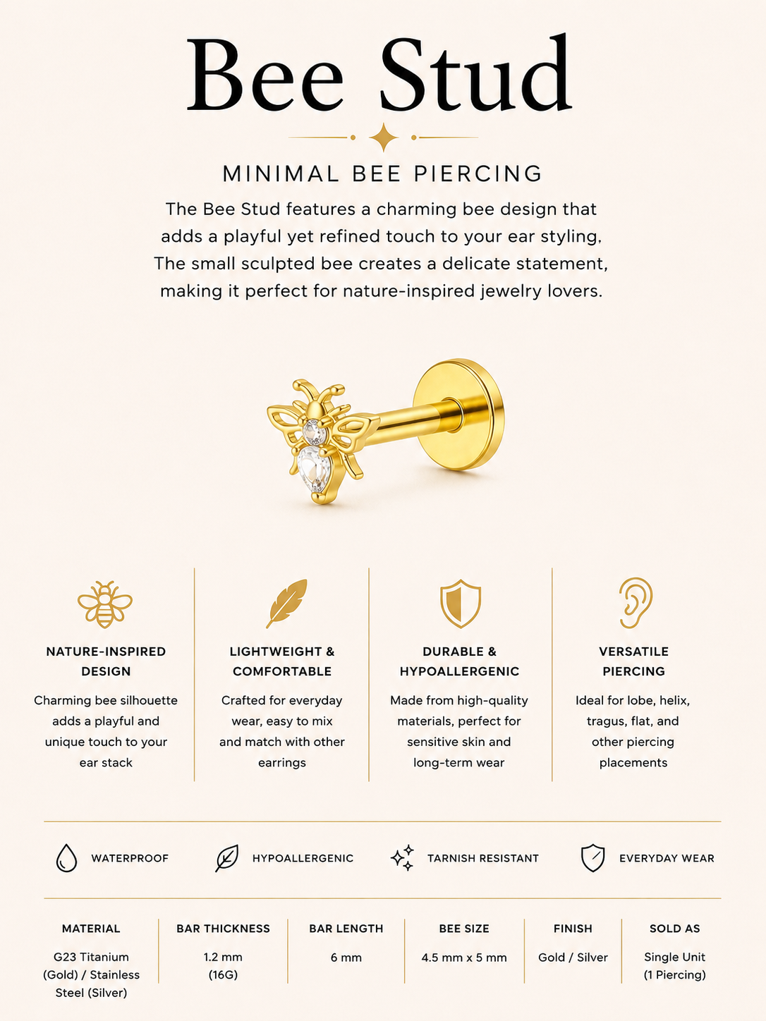 Bee Stud – Minimal Bee Piercing