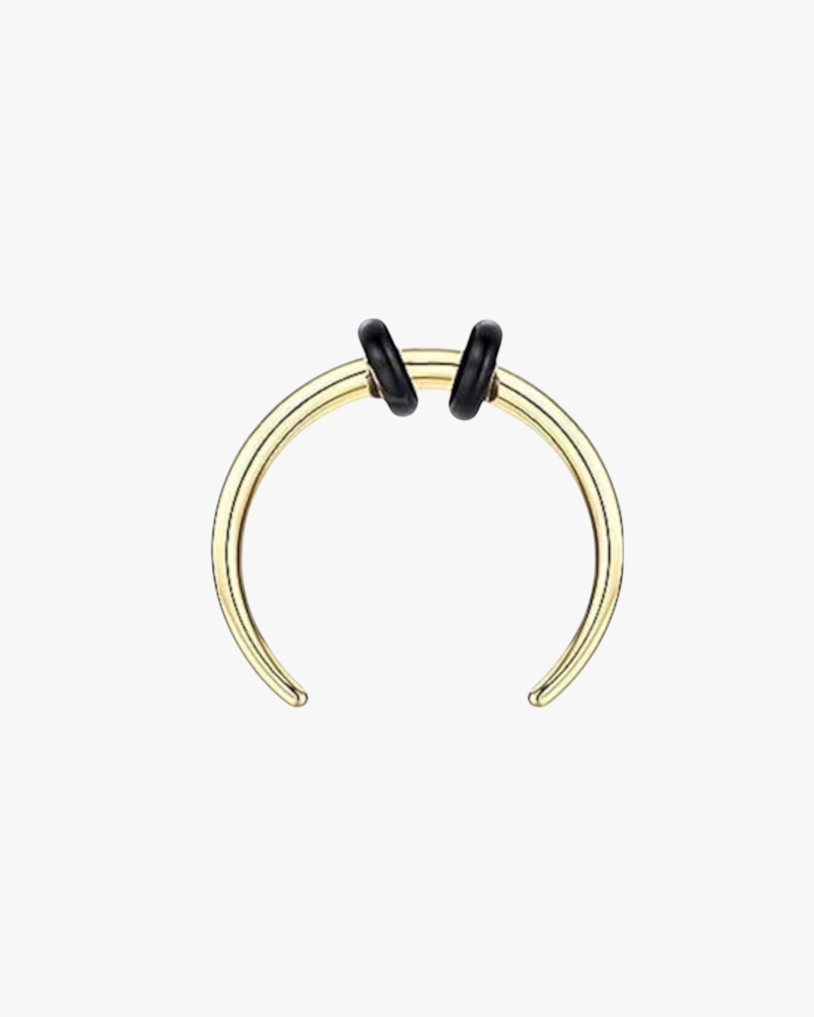 A gold/silver stainless steel half hoop piercing jewelry with black details.