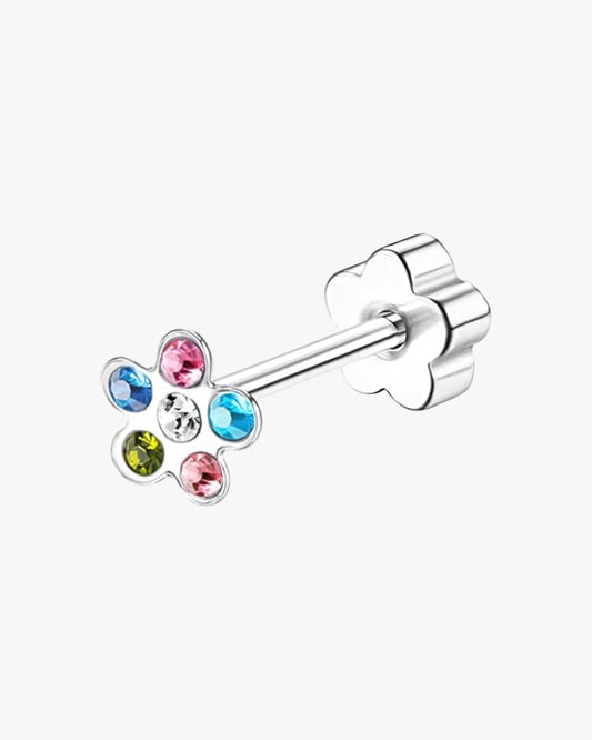 Silver ear stud with colorful gemstones on a white background