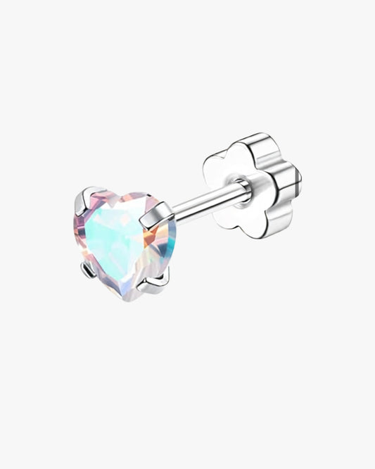 Heart-shaped stud earring with a colorful gemstone on a white background