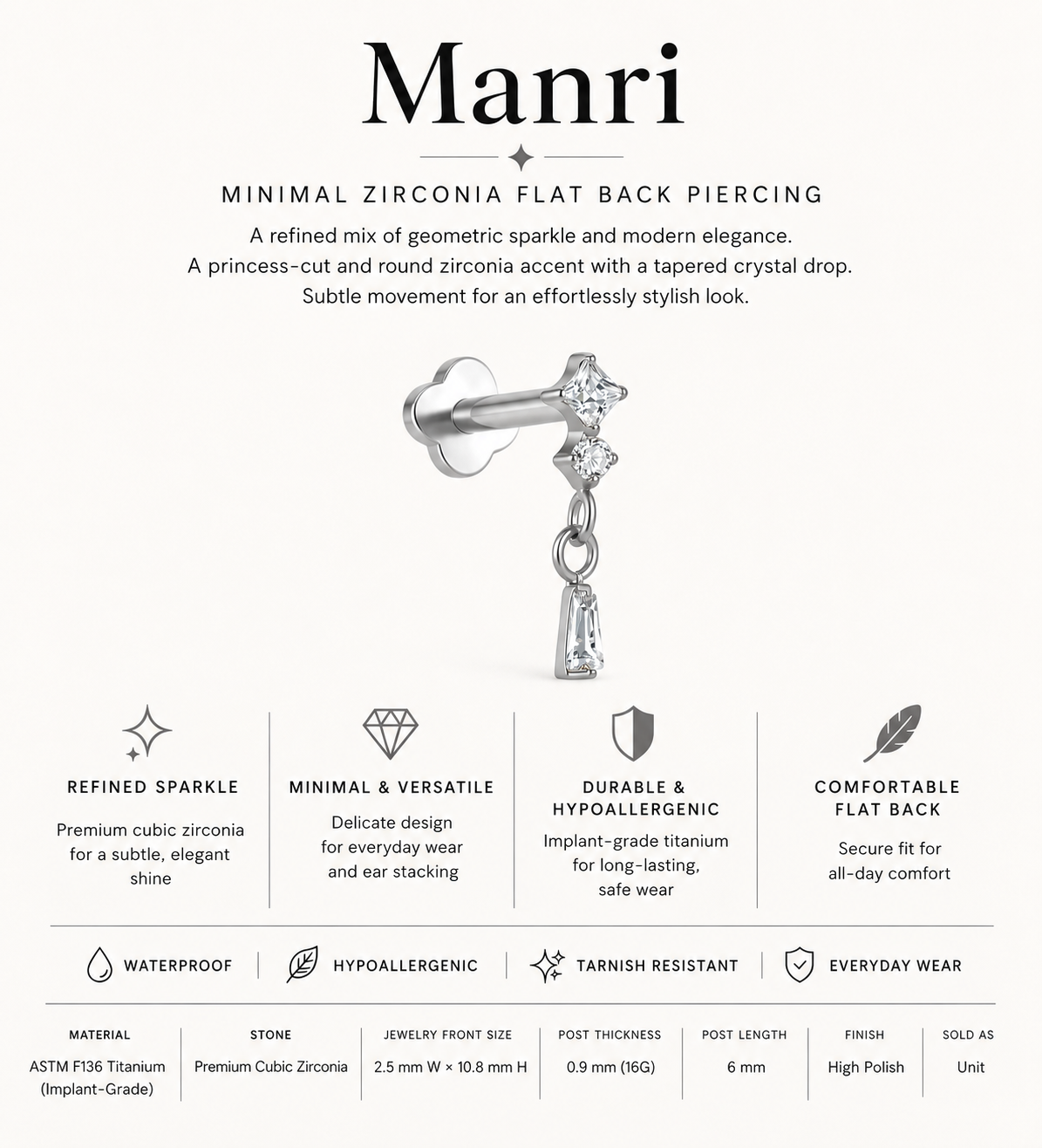 Manri Titanium Crystal Pave Piercing | Flat Back Cartilage Earring