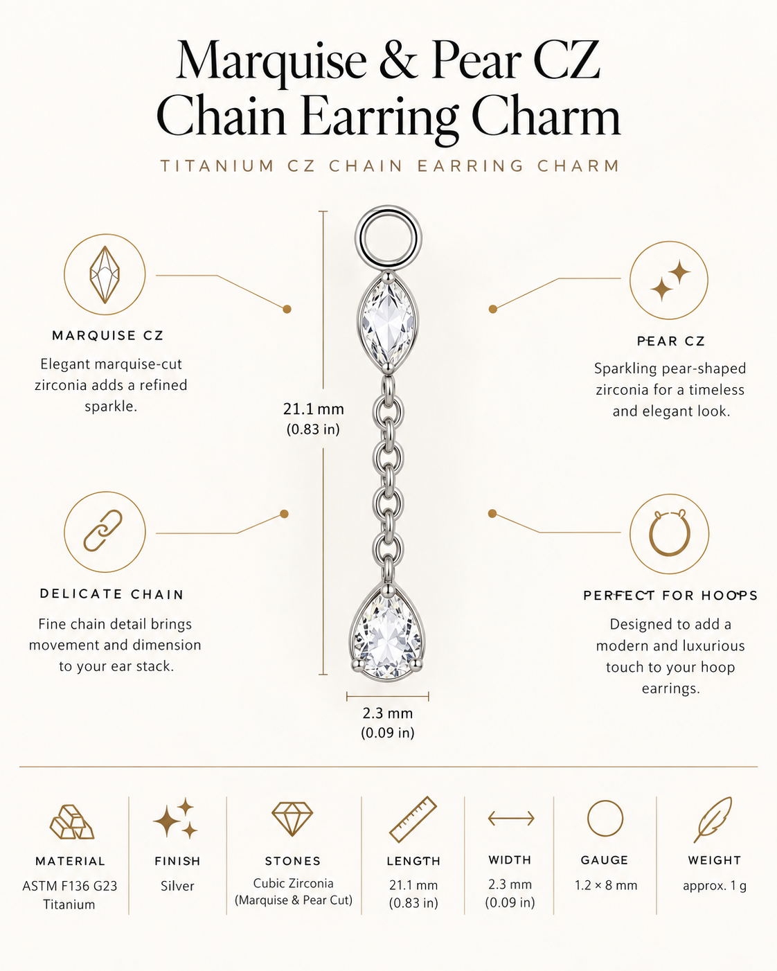 Titanium Marquise & Pear CZ Chain Dangle Earring Charm – Elina