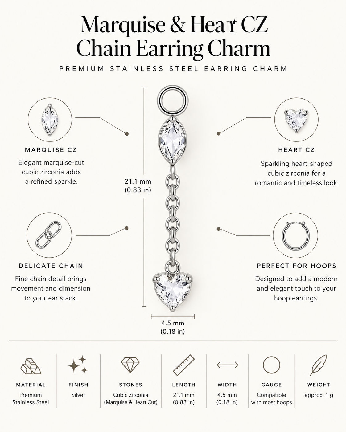 Titanium Marquise & Heart CZ Chain Dangle Earring Charm – Jida