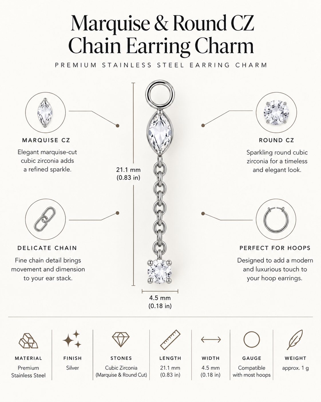 Titanium Marquise & Square CZ Chain Dangle Earring Charm – Nida