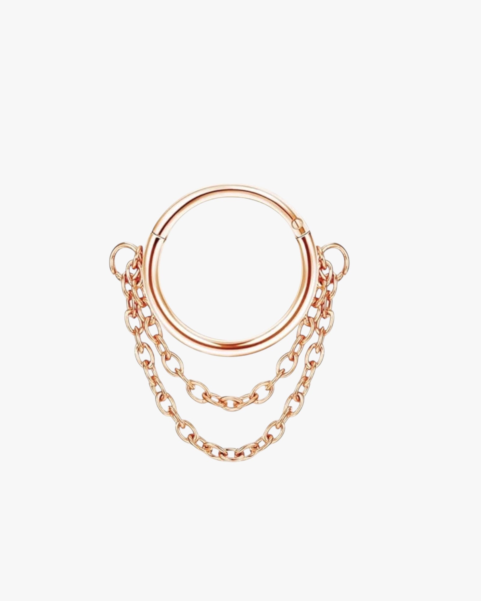 A rose gold-colored clicker hoop earring with a chain design, against a white background.