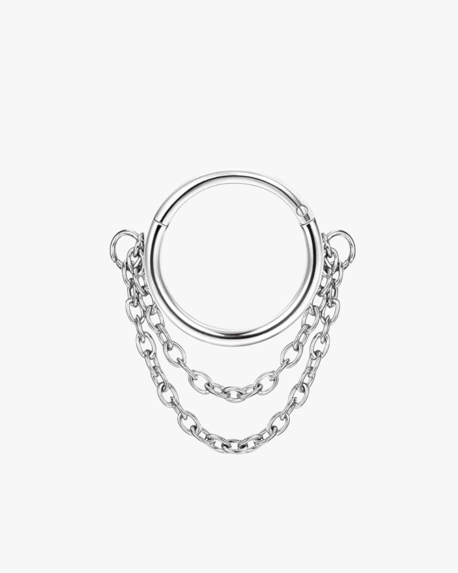 A silver-colored clicker hoop earring with a chain design, against a white background.