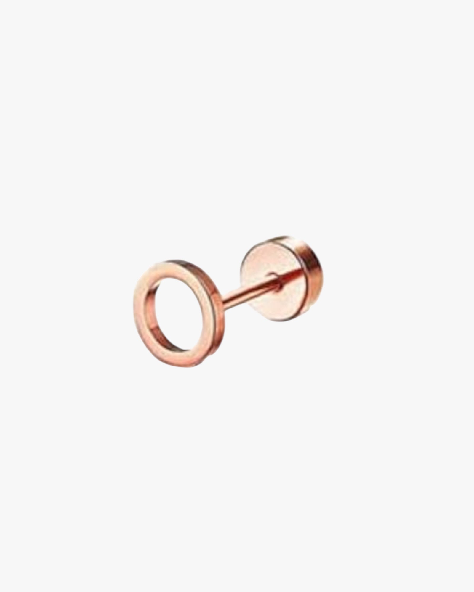 A single rose gold-colored stud earring with a circular hoop design and a small ball at the end.