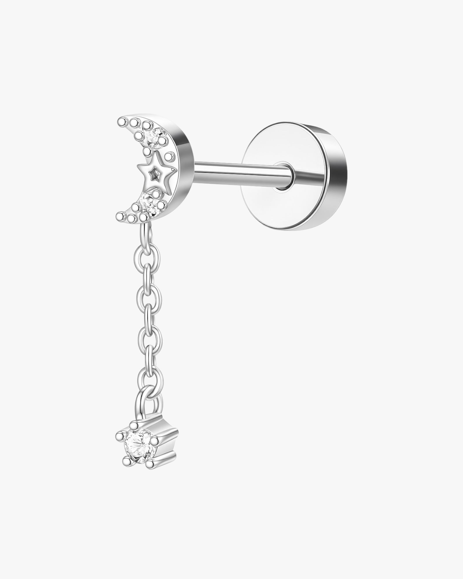 Silver stud earring with star and chain detail on a white background