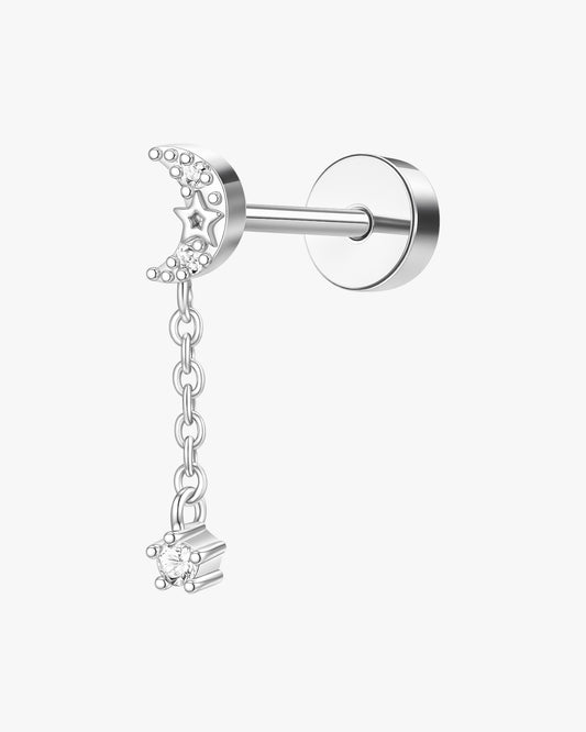 Silver stud earring with star and chain detail on a white background