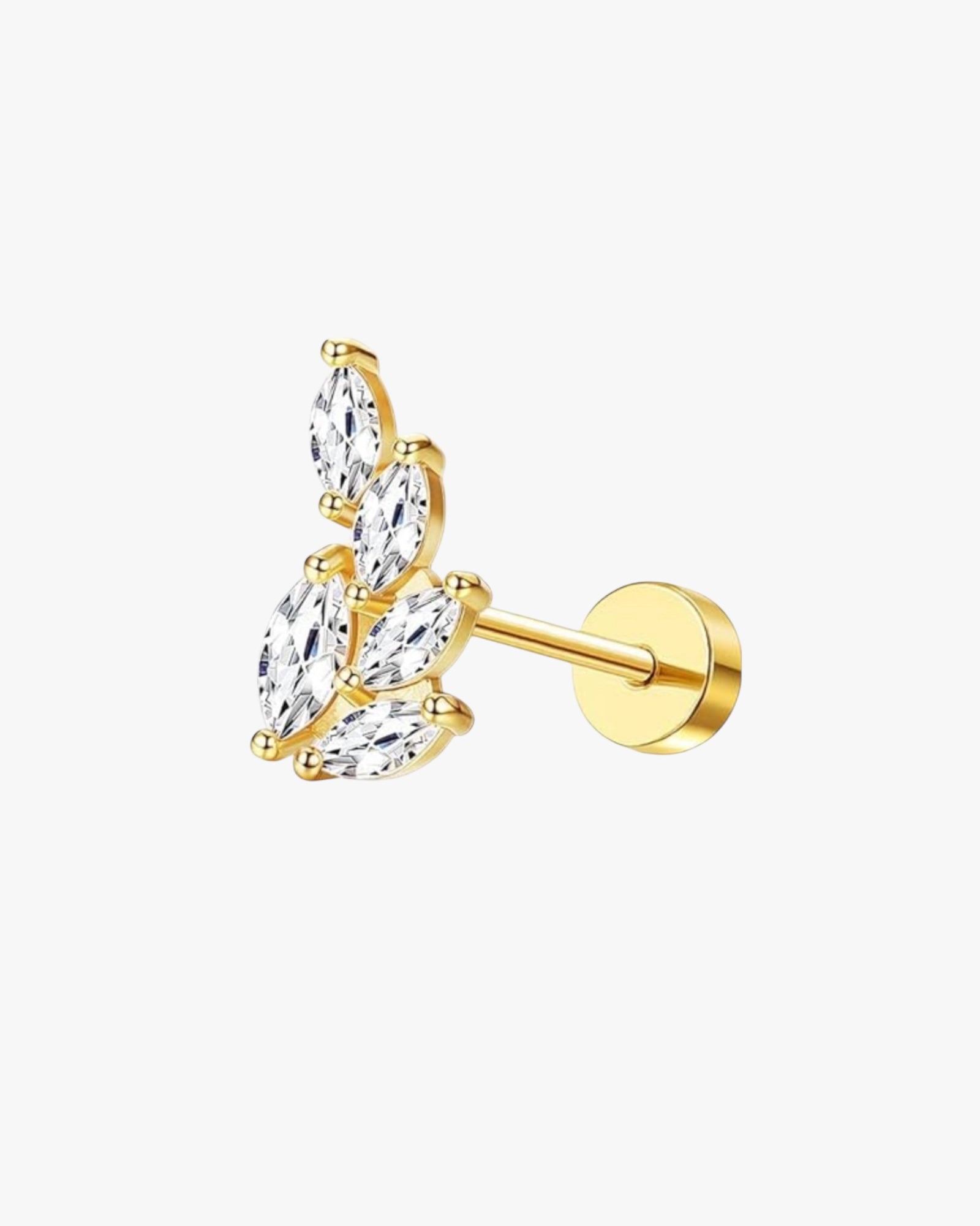 A single gold-colored stud earring with a clear, crystal-encrusted top and a rose gold-colored band.