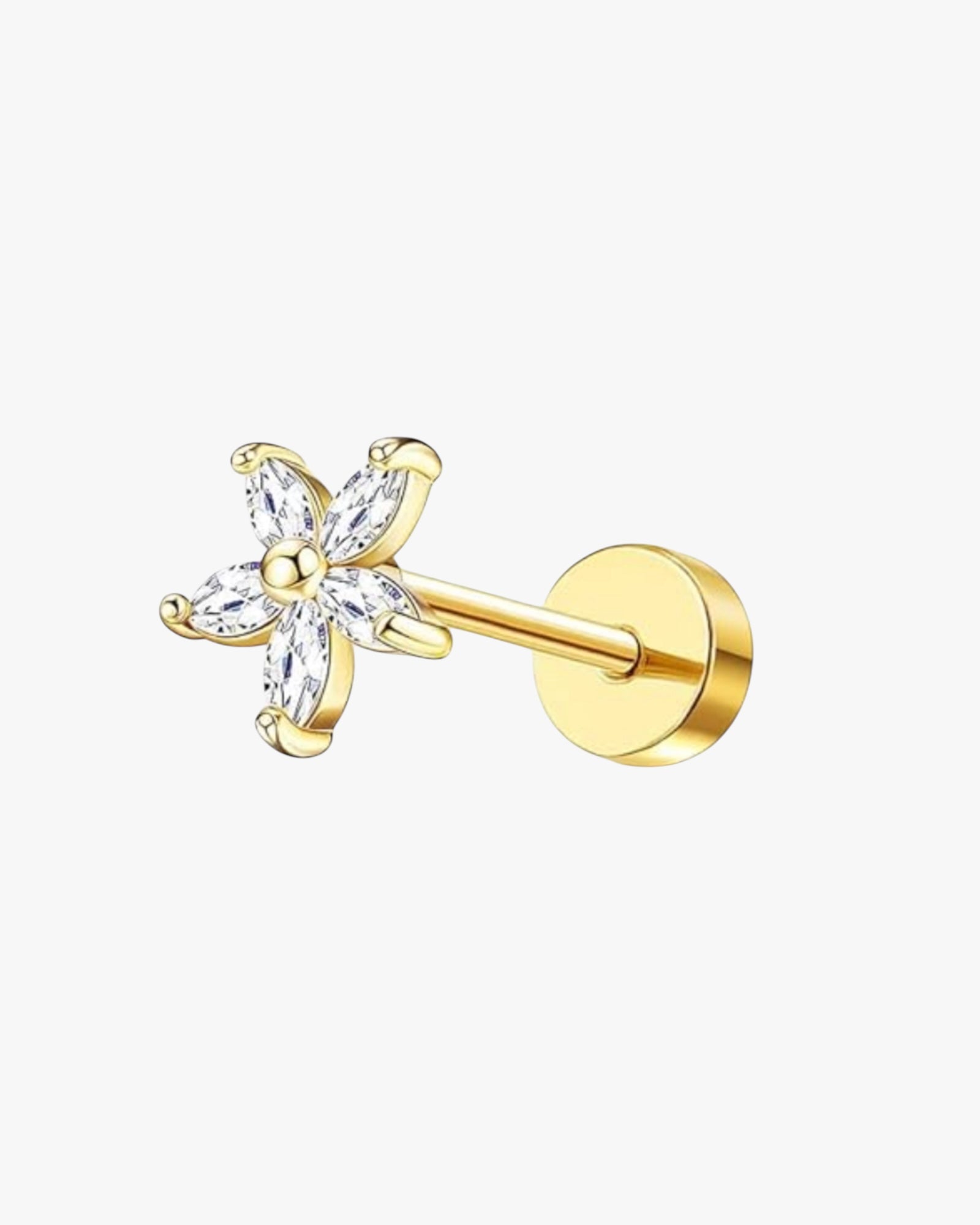 A gold-colored stud earring with a clear crystal flower design and a metallic rose band.