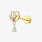 A stud earring with a gold-colored band and a central pink gemstone surrounded by smaller clear crystals, with a metallic rose-colored cap on top.