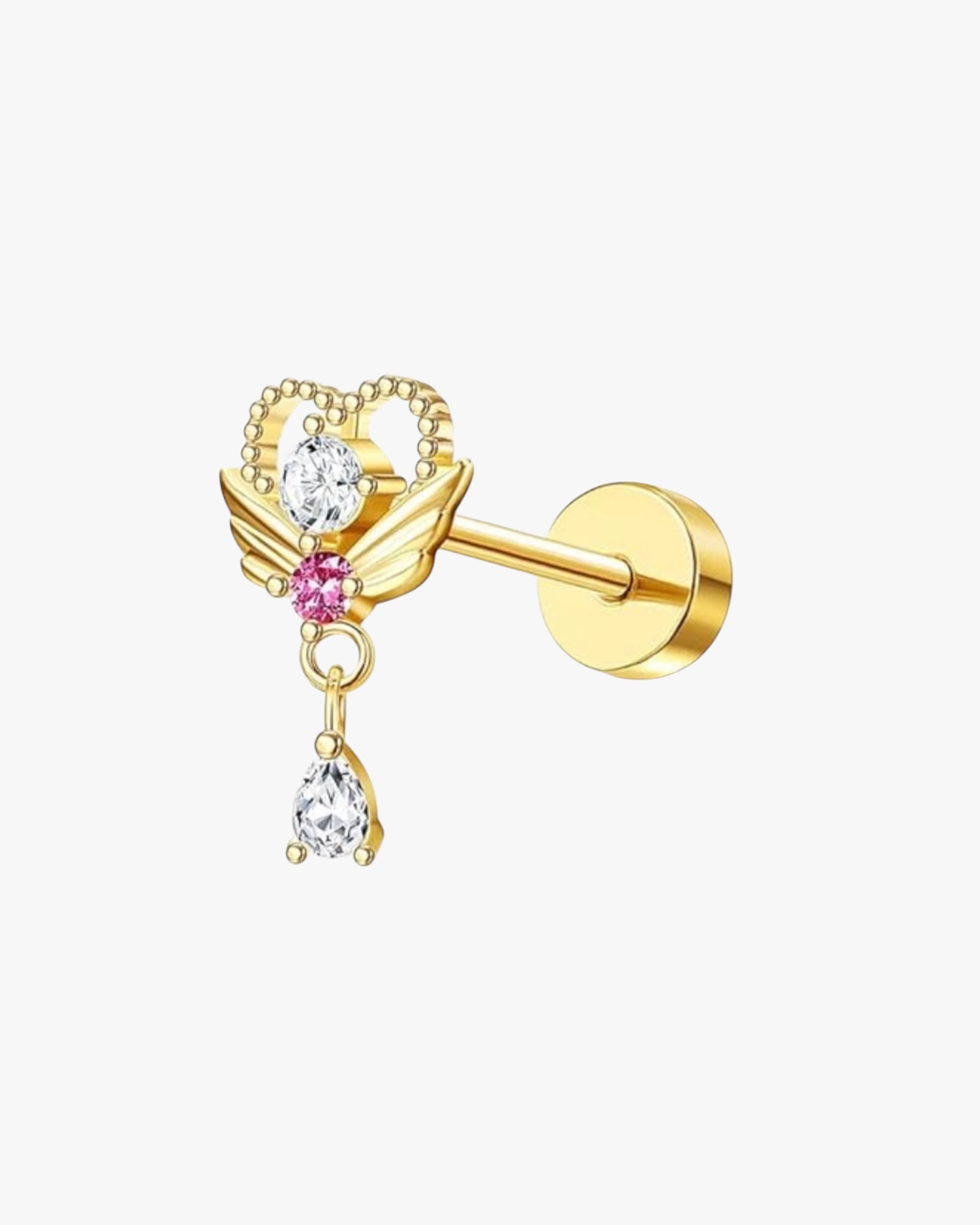 A stud earring with a gold-colored band and a central pink gemstone surrounded by smaller clear crystals, with a metallic rose-colored cap on top.