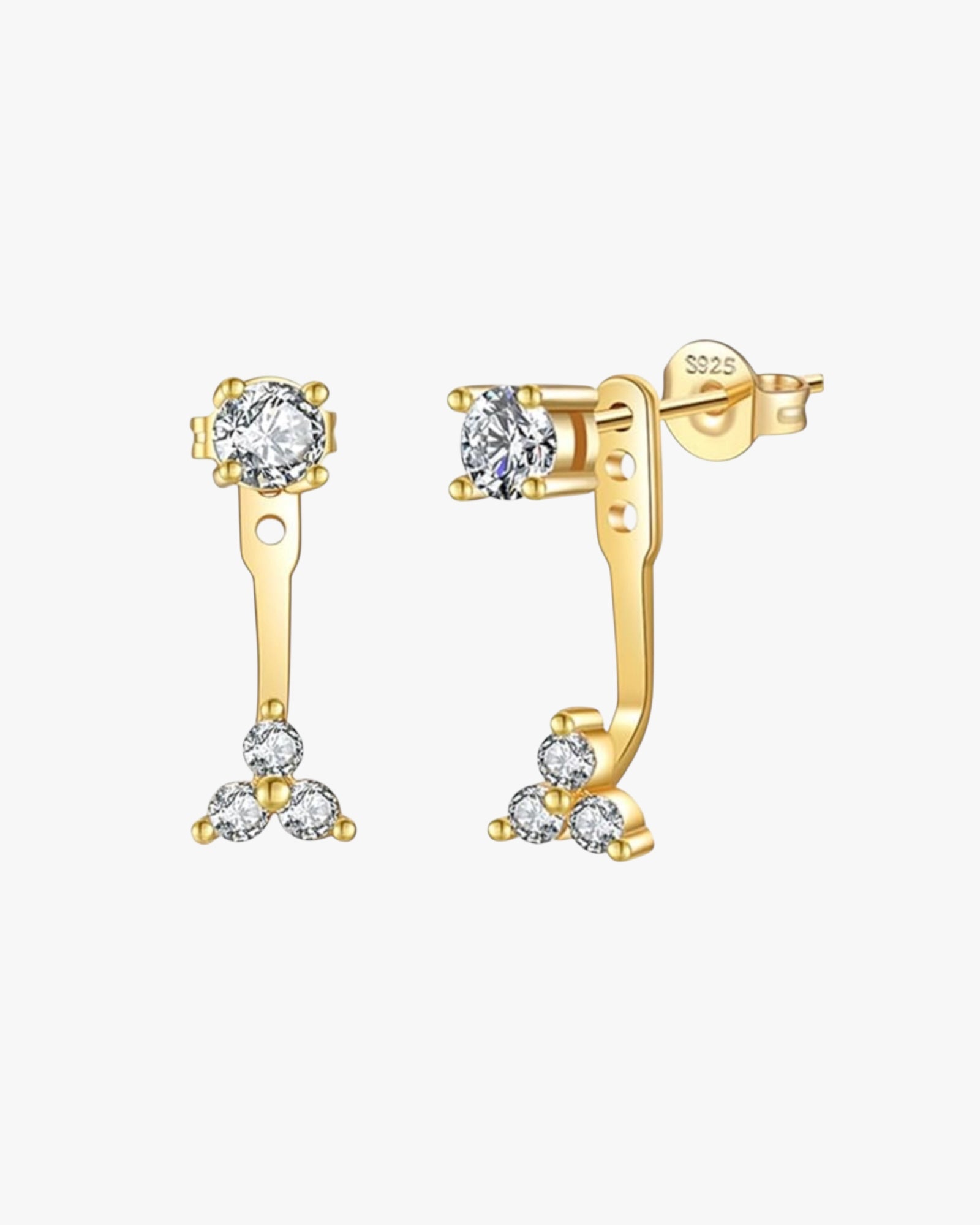 A pair of gold-plated brass earrings with a geometric design, featuring small diamonds.