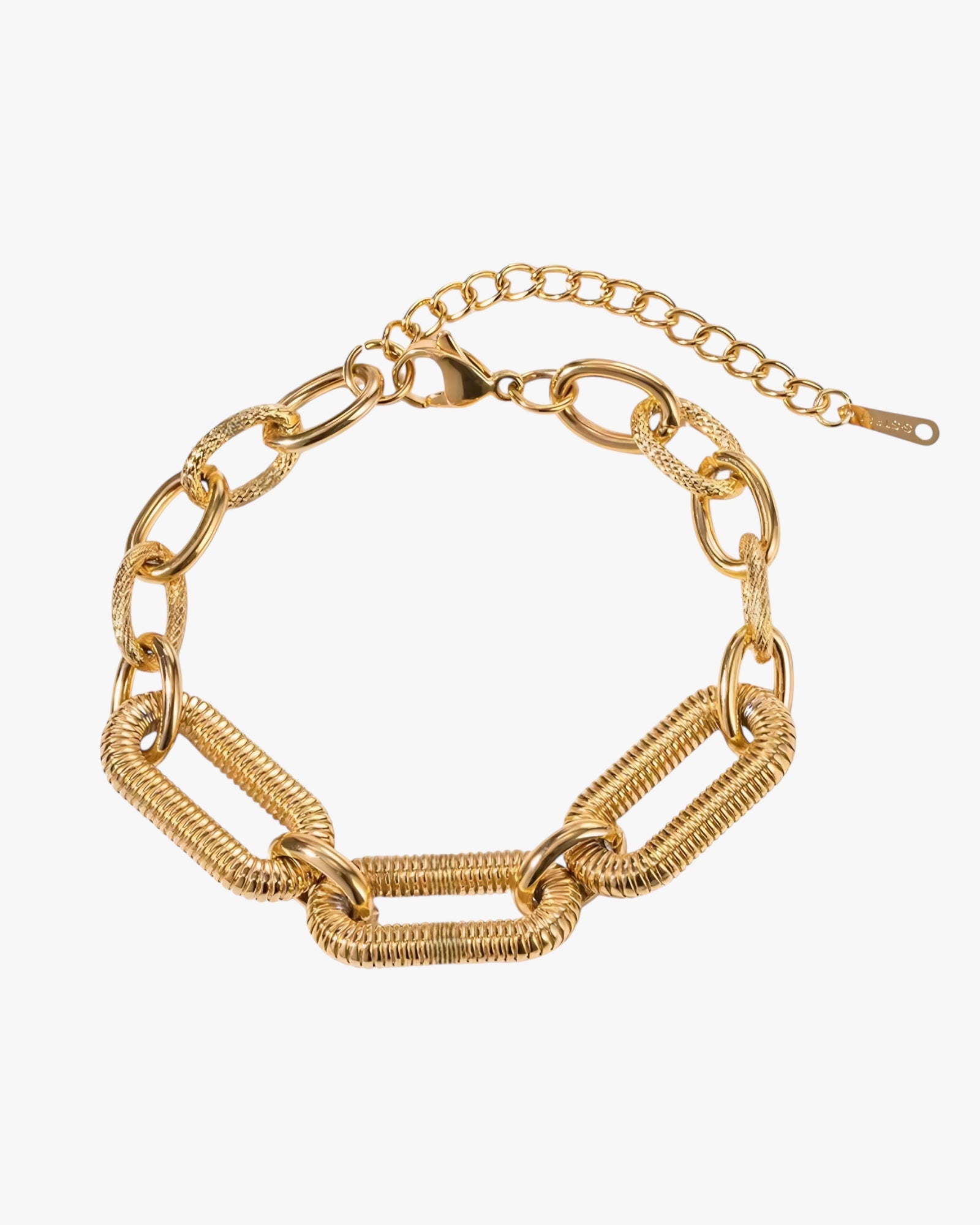 Gold stainless steel 18K PVD platen chain bracelet on a white background