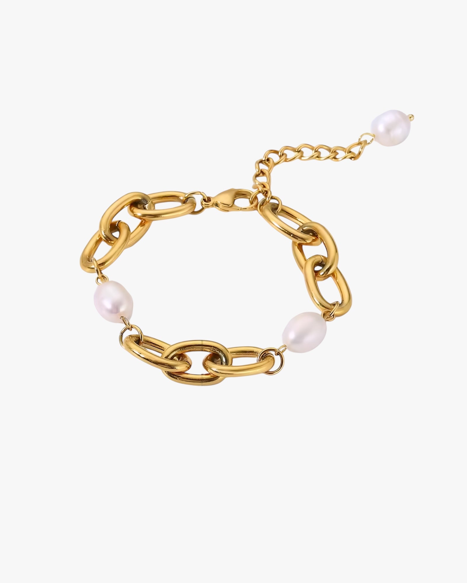 Gold stainless steel 18k pvd plated chain bracelet with pearls on a white background