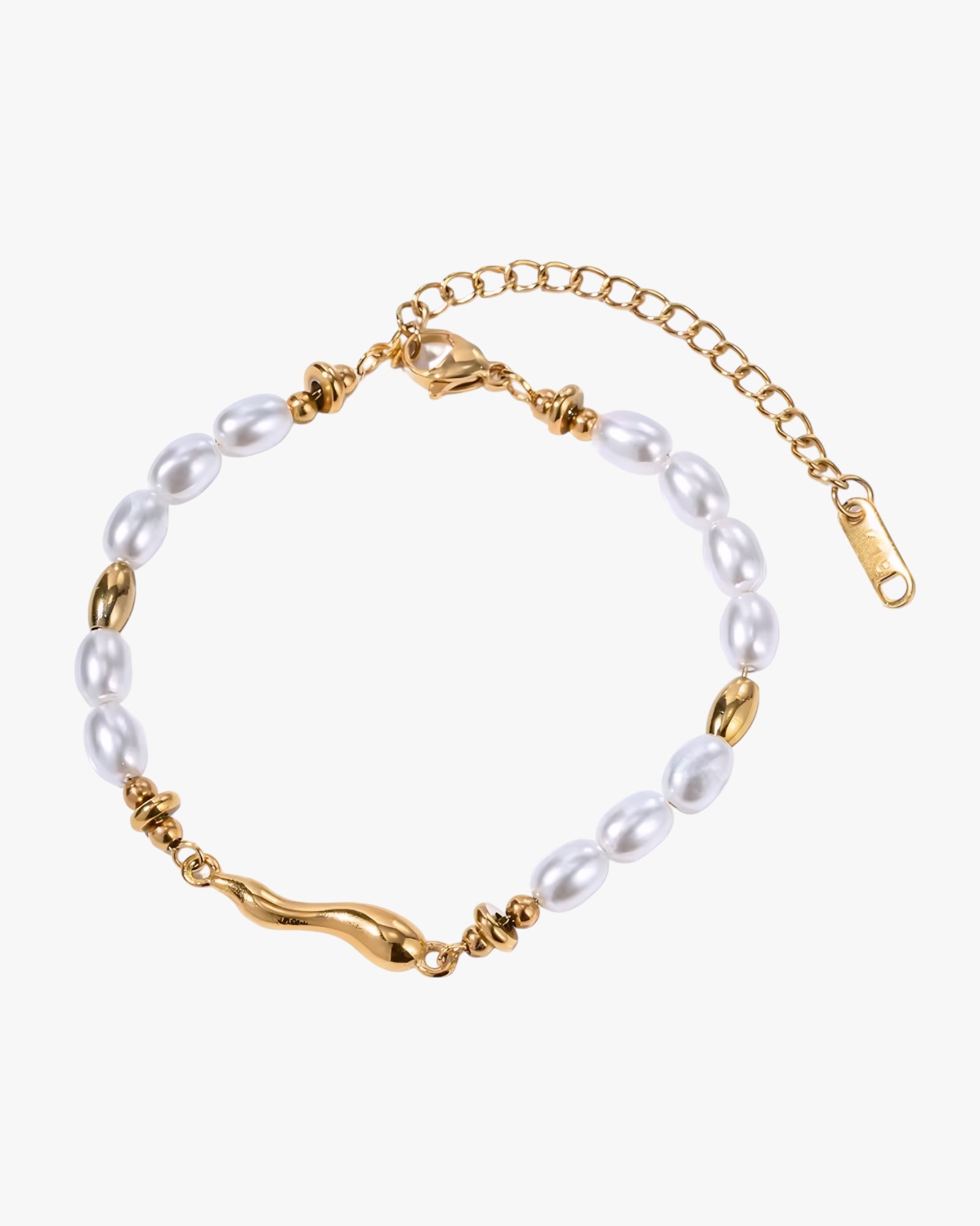Pearl stainless steel gold plated 18k PVD plated bracelet with gold chain on a white background