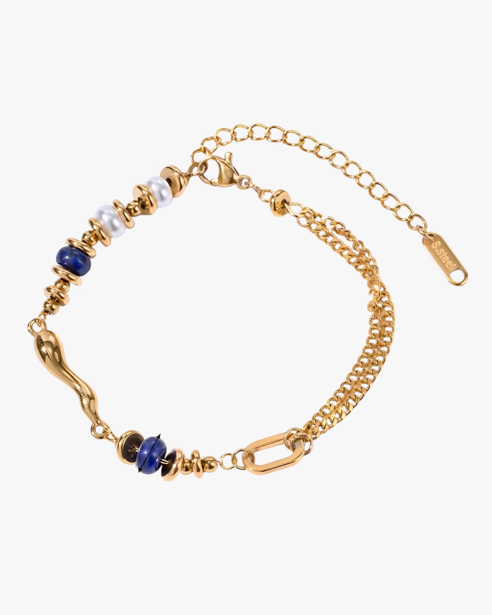Gold stainless steel 18k gold pvd plated bracelet with blue and white beads on a white background