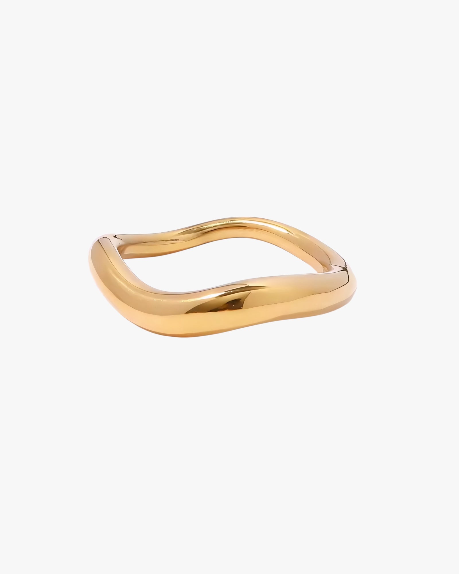 Gold stainless steel gold plated 18k PVD plated ring with a wavy design on a white background