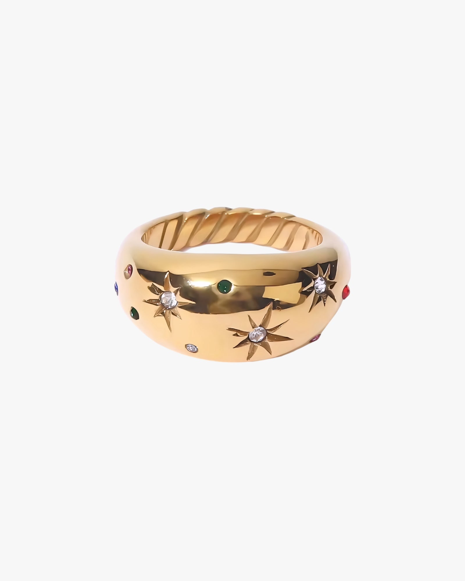 Gold stainless steel PVD 18K gold plated ring with star designs and gemstones on a white background