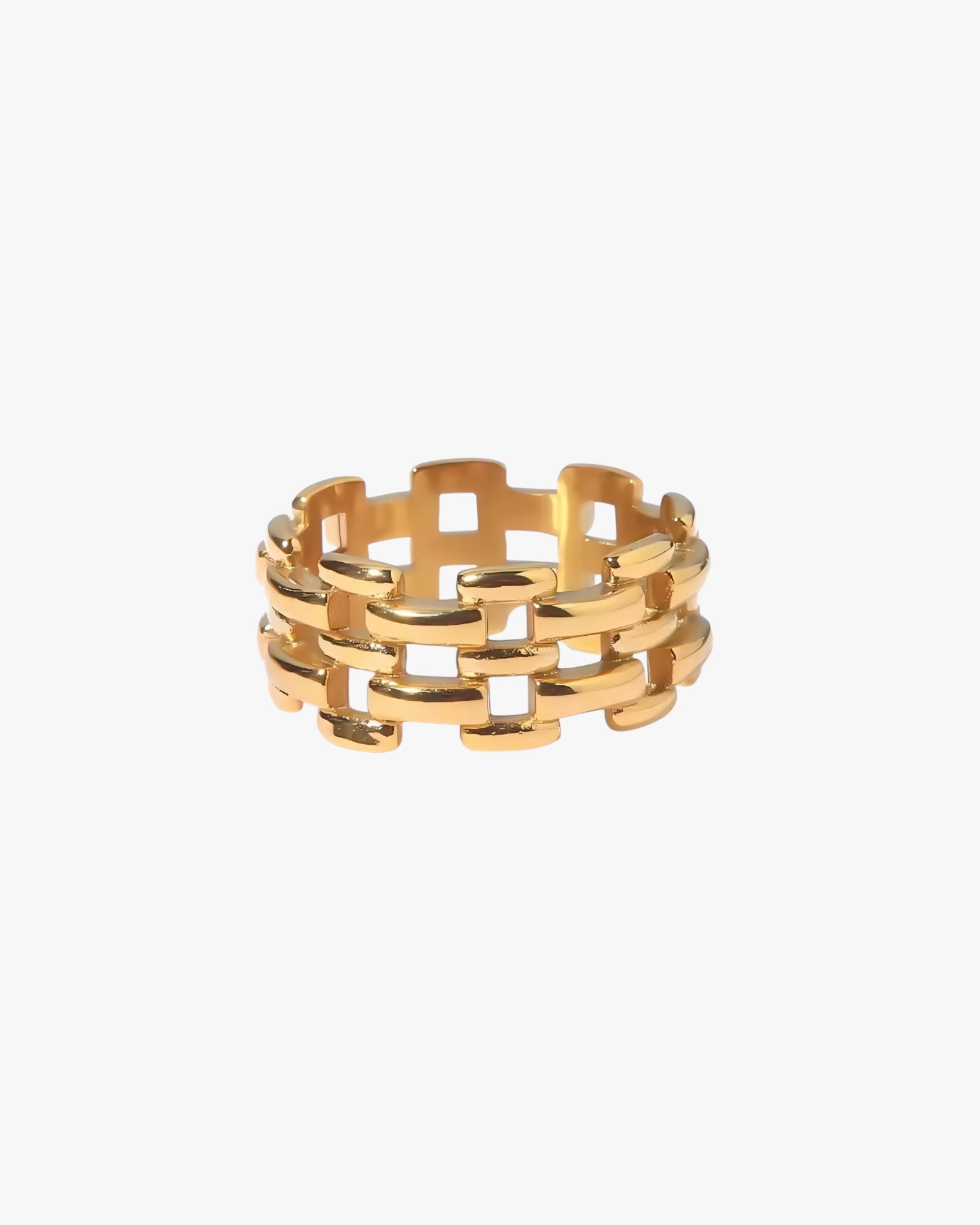 Gold stainless steel PVD 18K gold plated ring with a geometric design on a white background