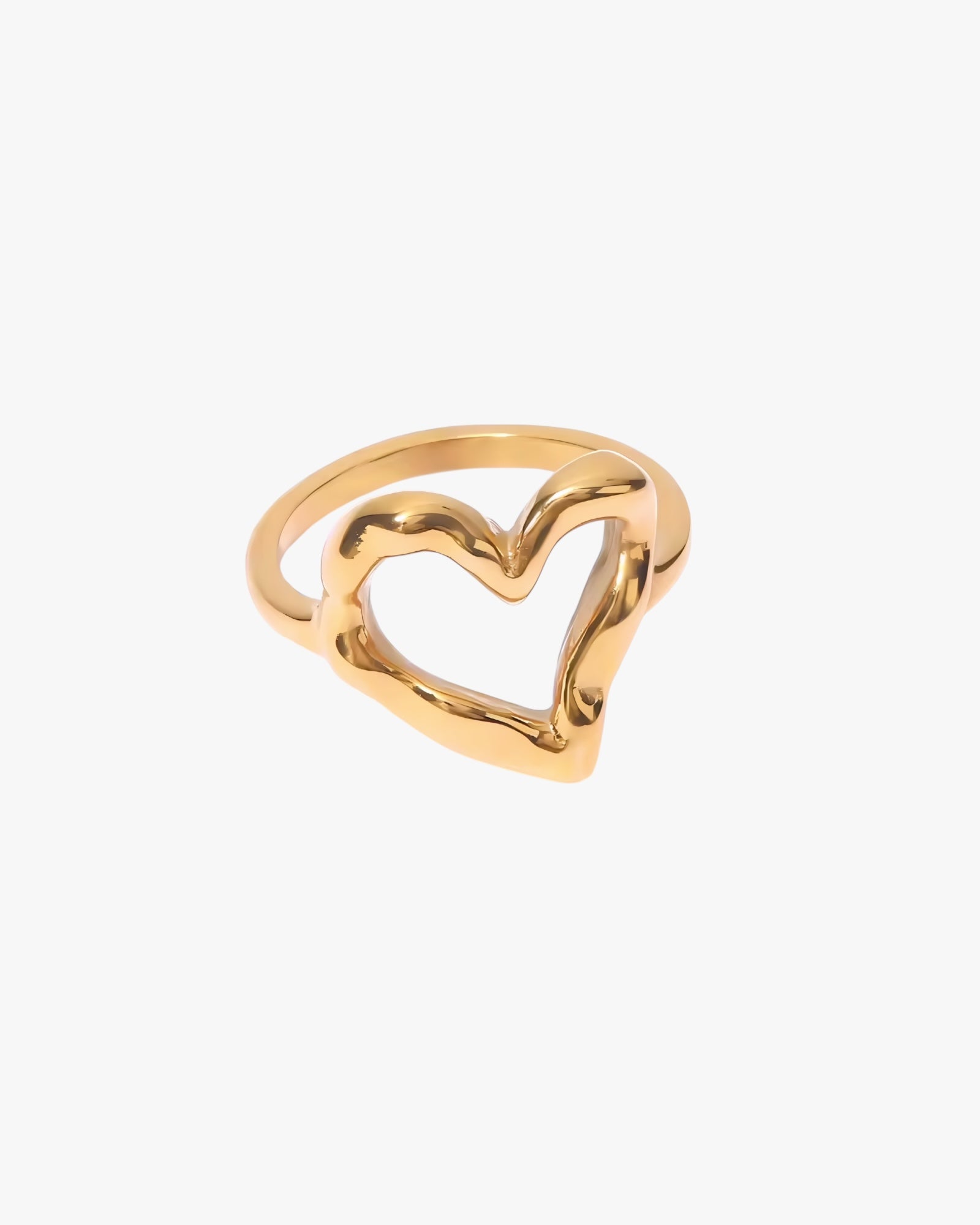 Gold stainless steel PVD 18k plated heart-shaped ring on a white background