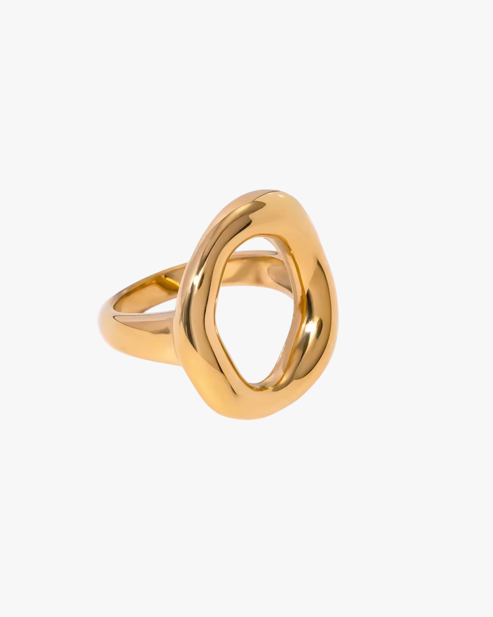 18k Gold plated stainless stee; ring with a unique design on a white background