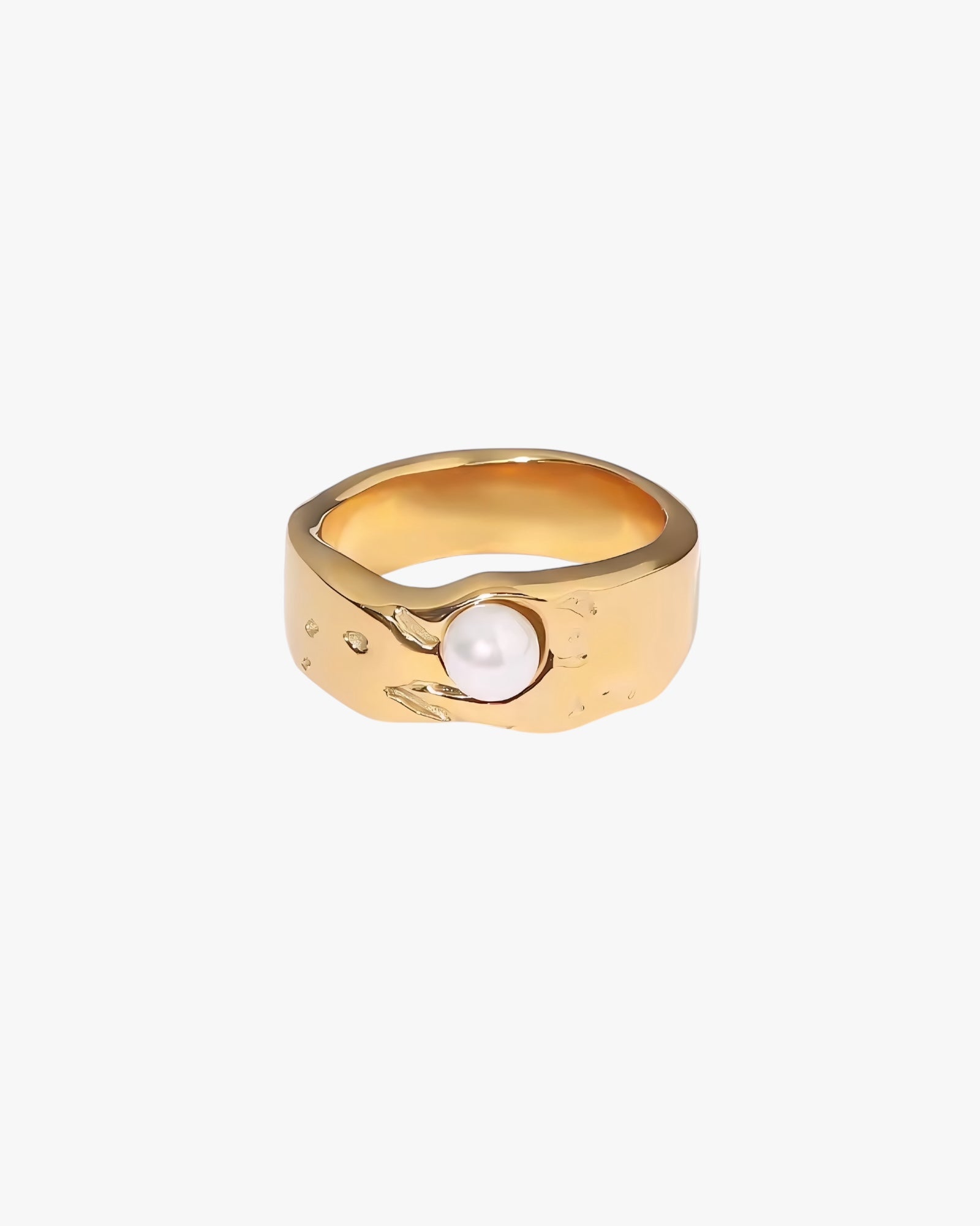 Gold stainless steel 18kpvd gold plated ring with a pearl on a white background