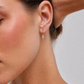 Close-up of a woman wearing a diamond earring with a plain background