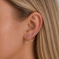 Close-up of an ear wearing gold earrings with small diamonds.