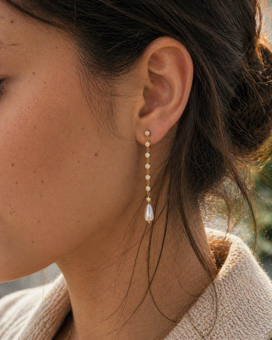 18K PVD Gold Plated Pearl Drop Chain Earrings – Elowen