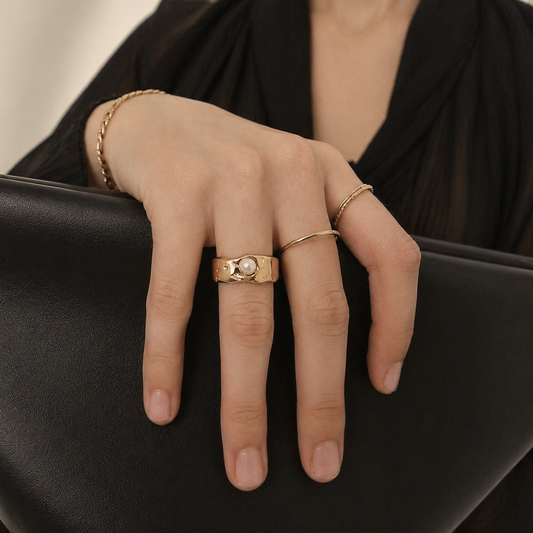 18K Gold Plated Pearl Statement Ring | Gold Pearl Band Ring | Marlowe Ring