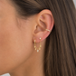 Close-up of a person wearing gold earrings with a blurred background