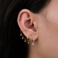 Close-up of an ear with multiple gold earrings against a dark background