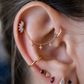 Close-up of an ear with multiple gold earrings