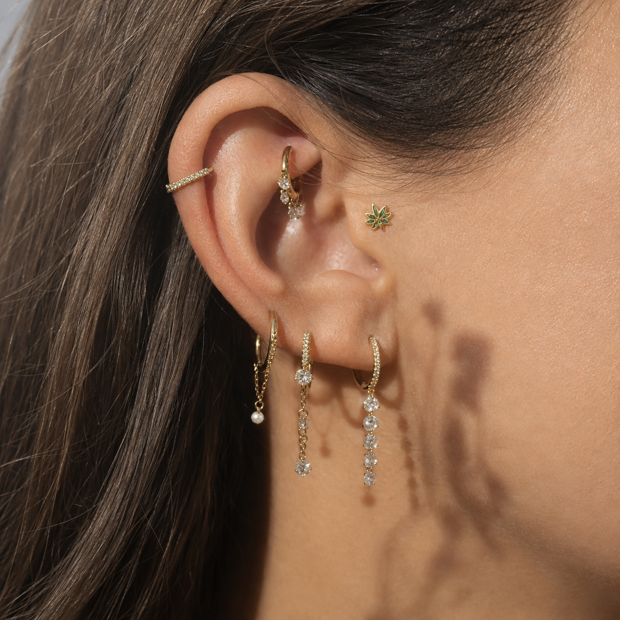 Gold Stainless Steel Green Leaf Stud Earring