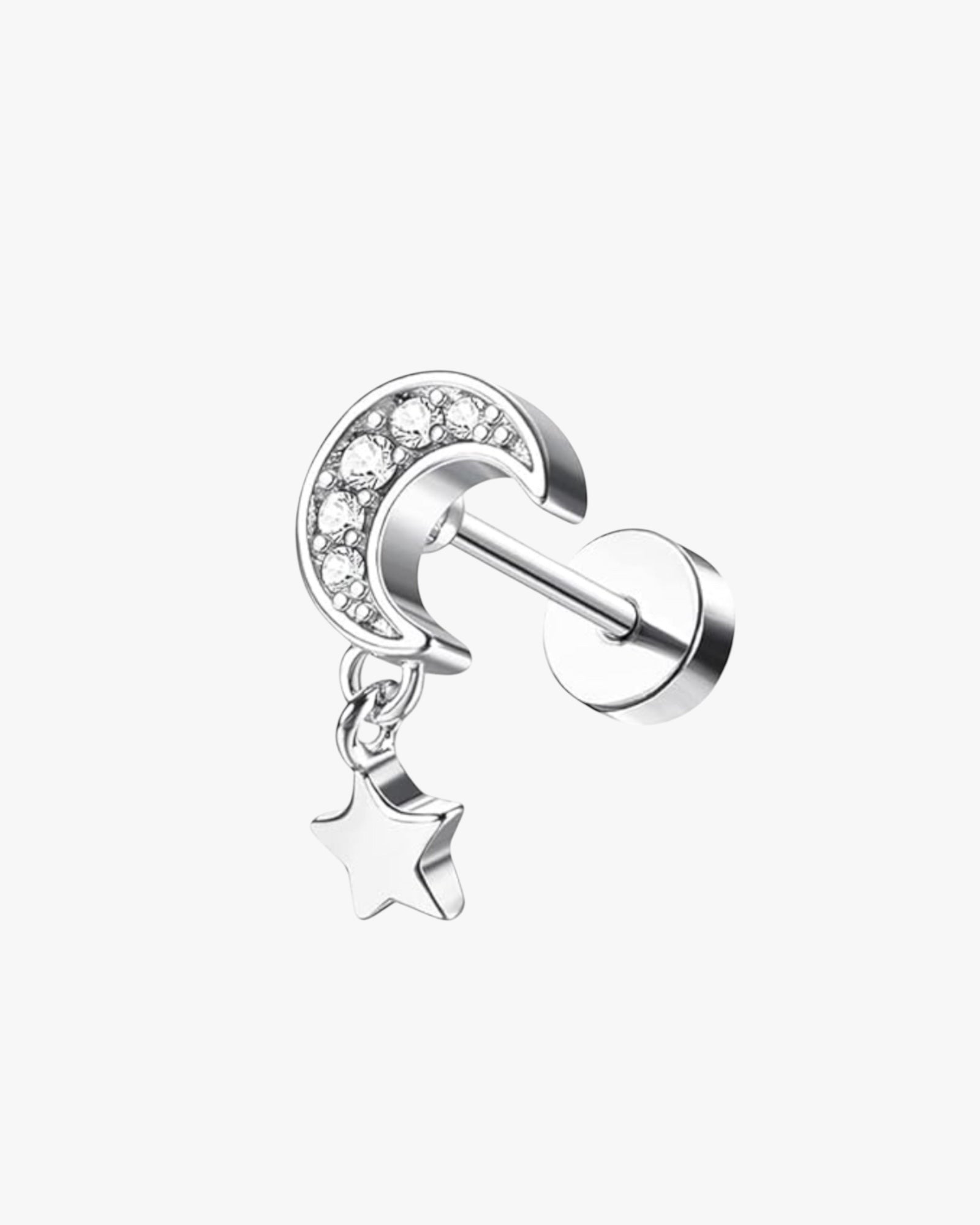 A stainless steel stud earring featuring a bar with a series of small clear stones arranged in a crescent shape, with a smaller star-shaped charm dangling from the bottom.