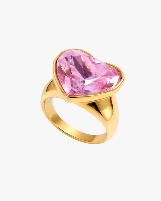18K Gold Plated Pink Heart Statement Ring | Gold Pink Crystal Ring | Romantic Statement Ring
