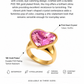 Pink heart statement ring with gold plating and pink crystal, product details on a white background