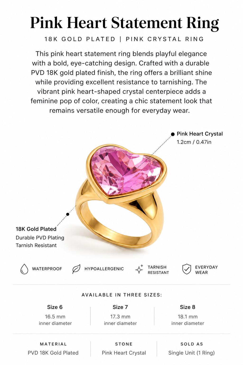 Pink heart statement ring with gold plating and pink crystal, product details on a white background