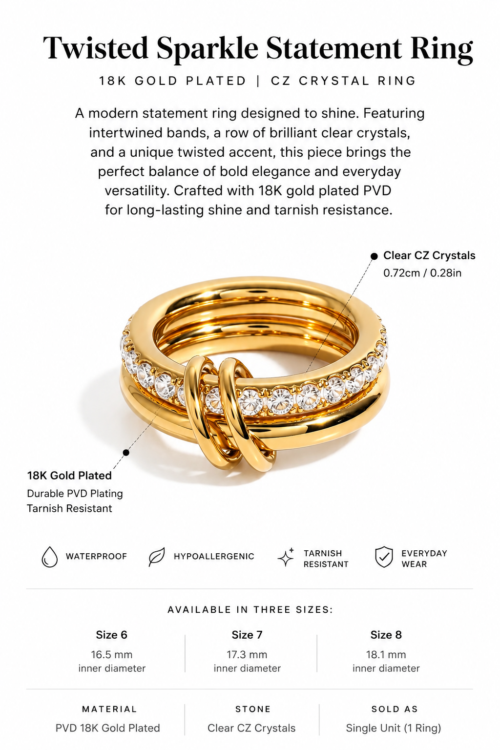 Gold-plated ring with clear crystals on a white background