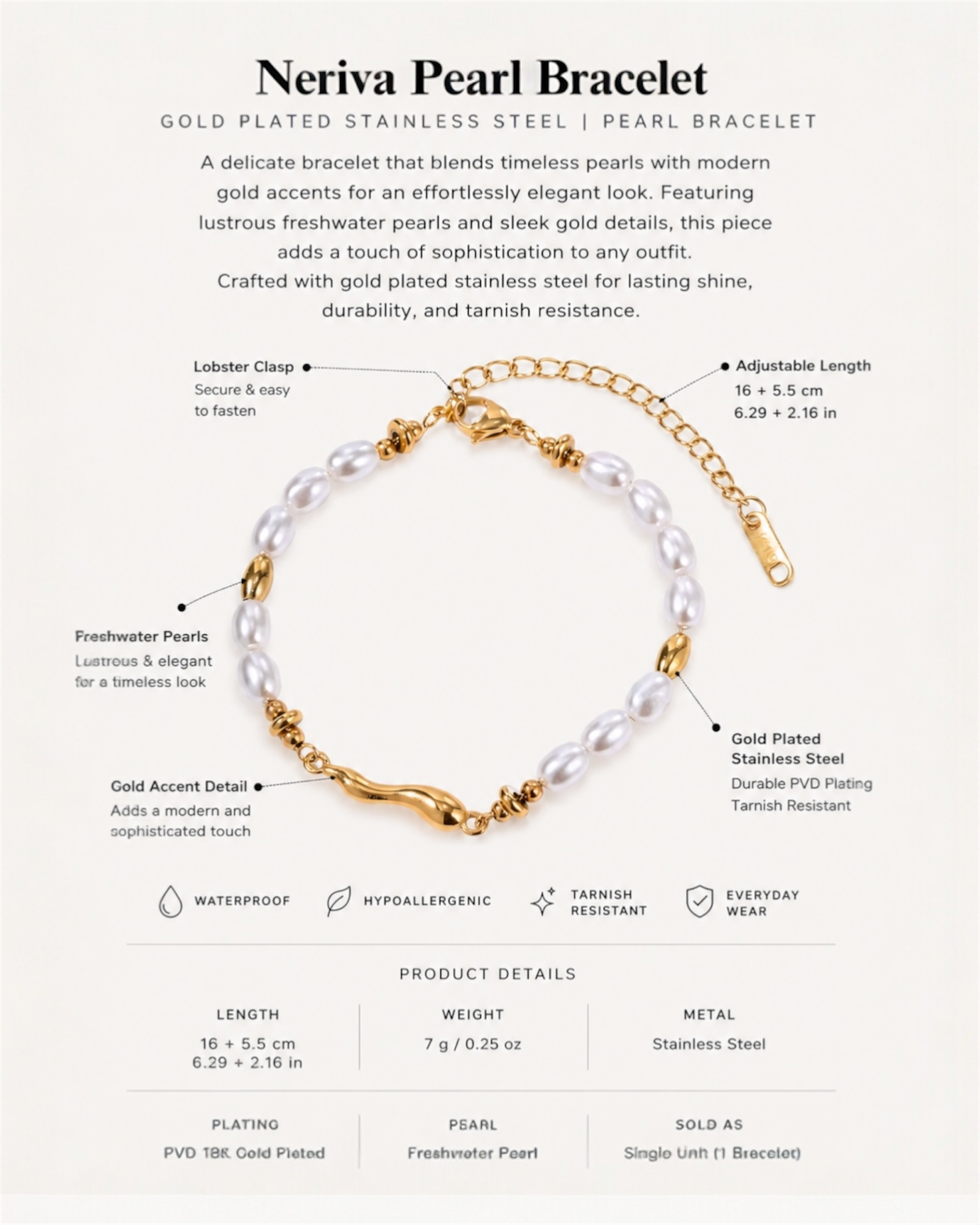 Neriva Pearl Bracelet with gold plating and freshwater pearls on a white background