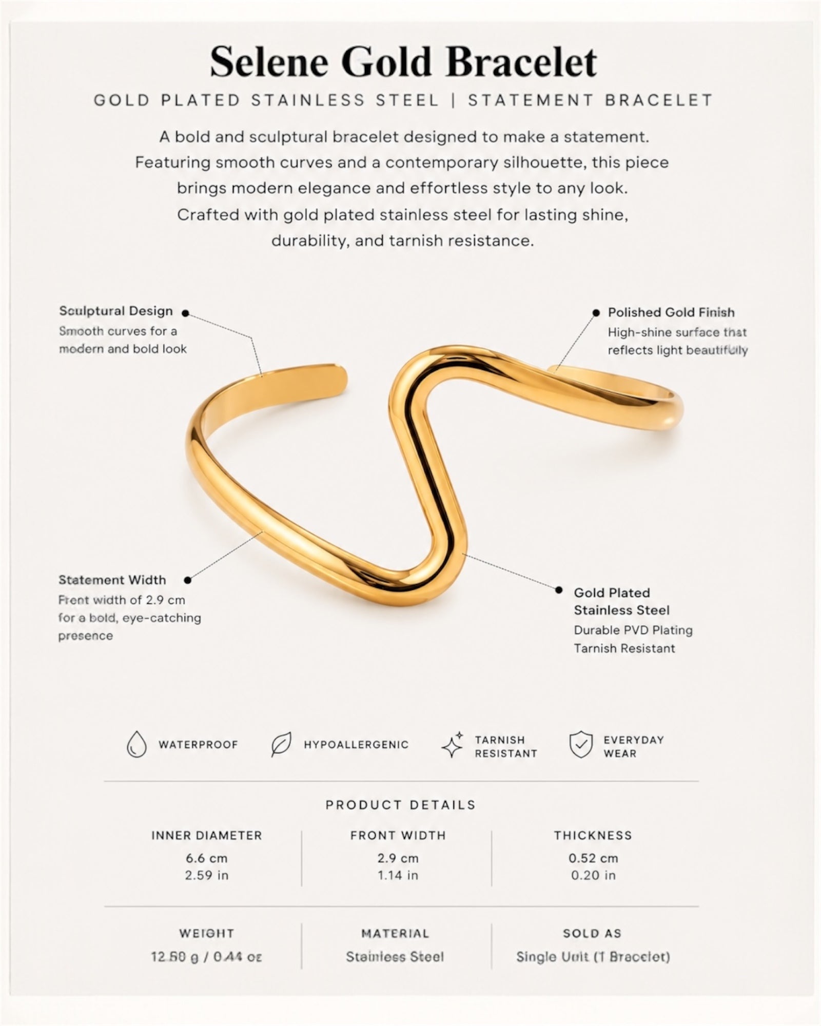 Gold bracelet with product details on a white background