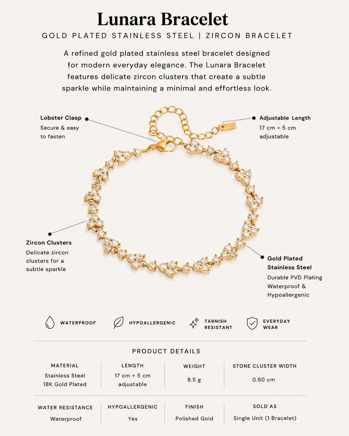 Lunara Bracelet with gold plating and zircon clusters on a white background