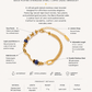 Gold-plated stainless steel bracelet with lapis lazuli stones and faux pearls, featuring product details on a white background.