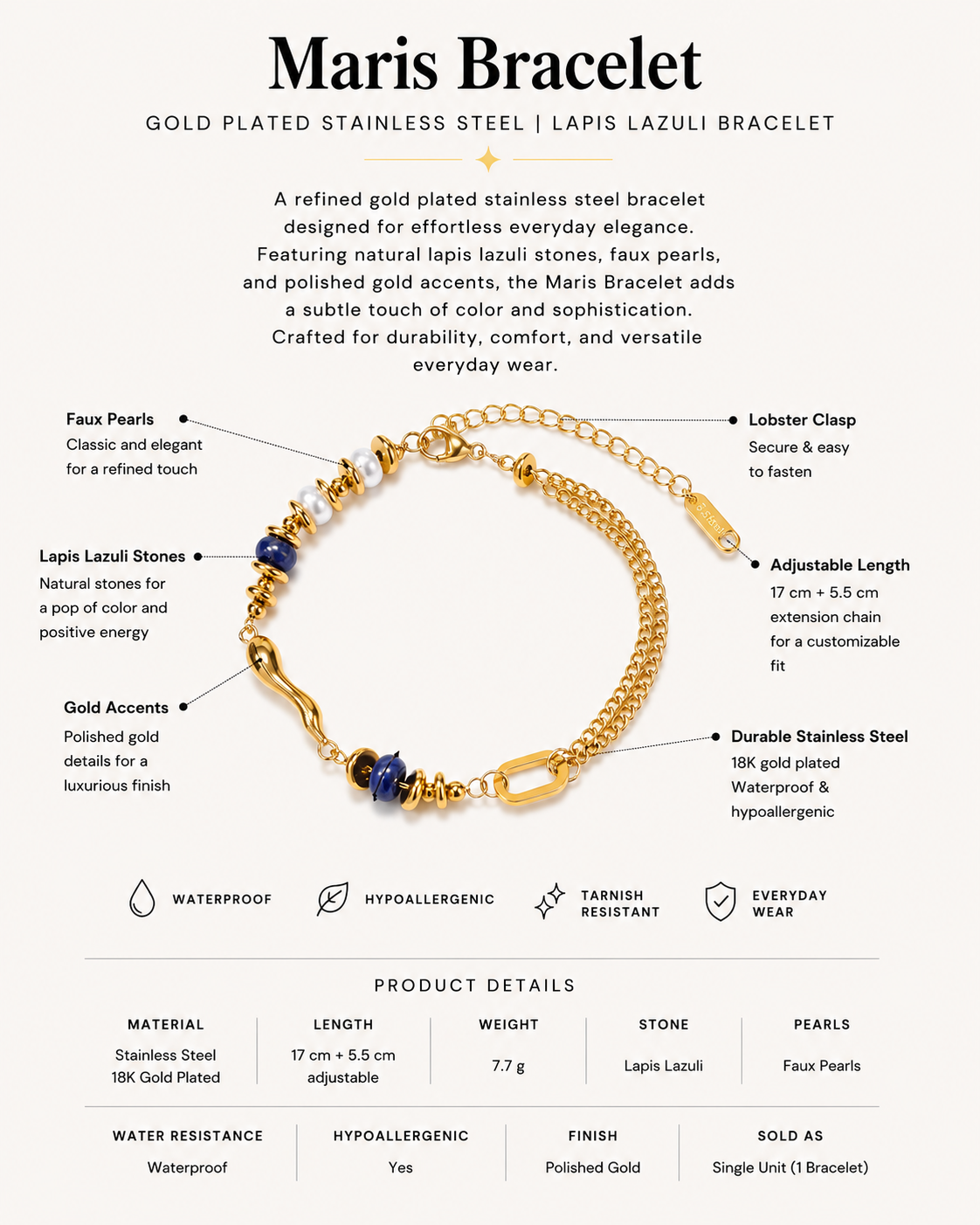 Gold-plated stainless steel bracelet with lapis lazuli stones and faux pearls, featuring product details on a white background.