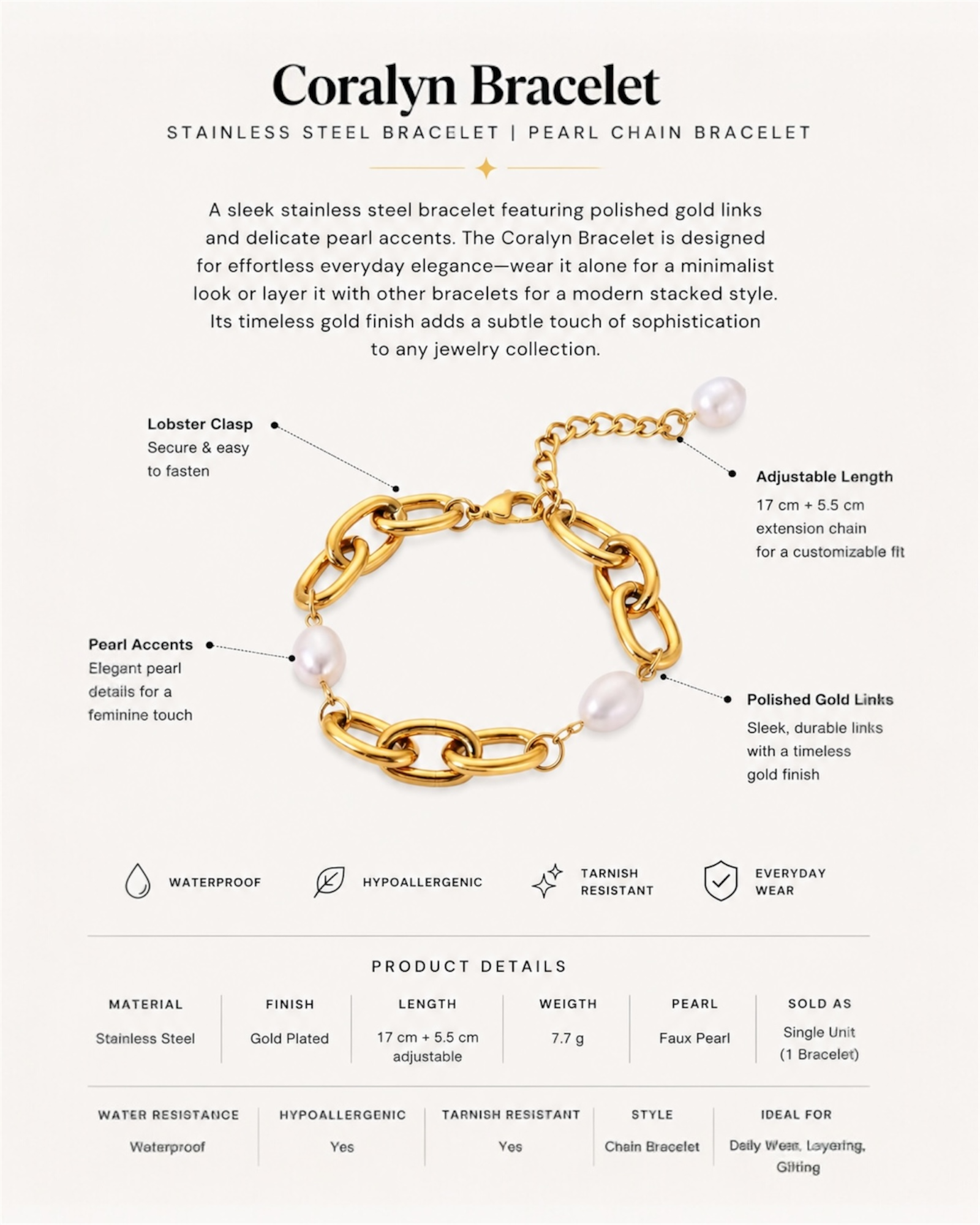 Coralyn bracelet with gold links and pearl accents on a white background