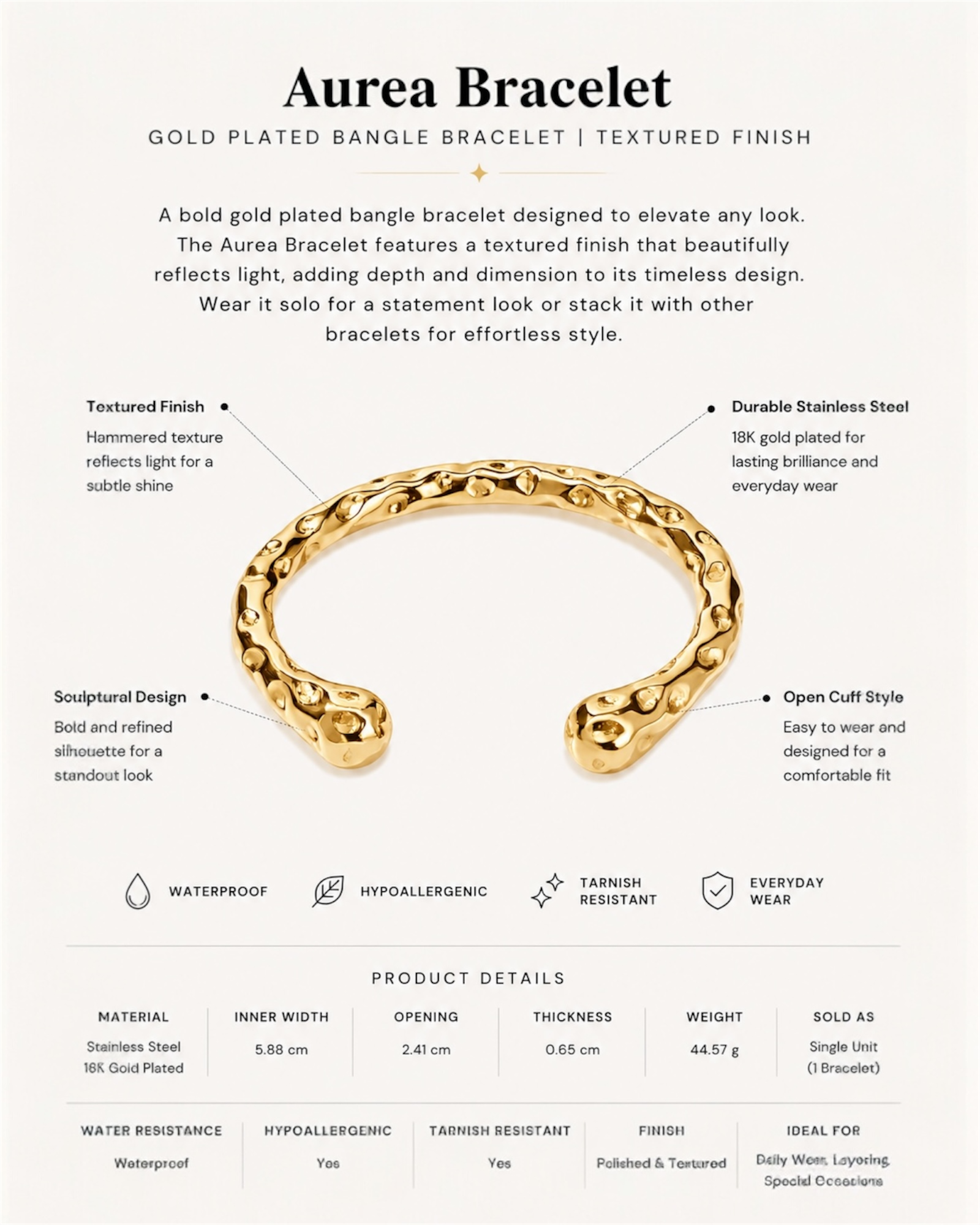 Gold-plated bangle bracelet with product details on a white background