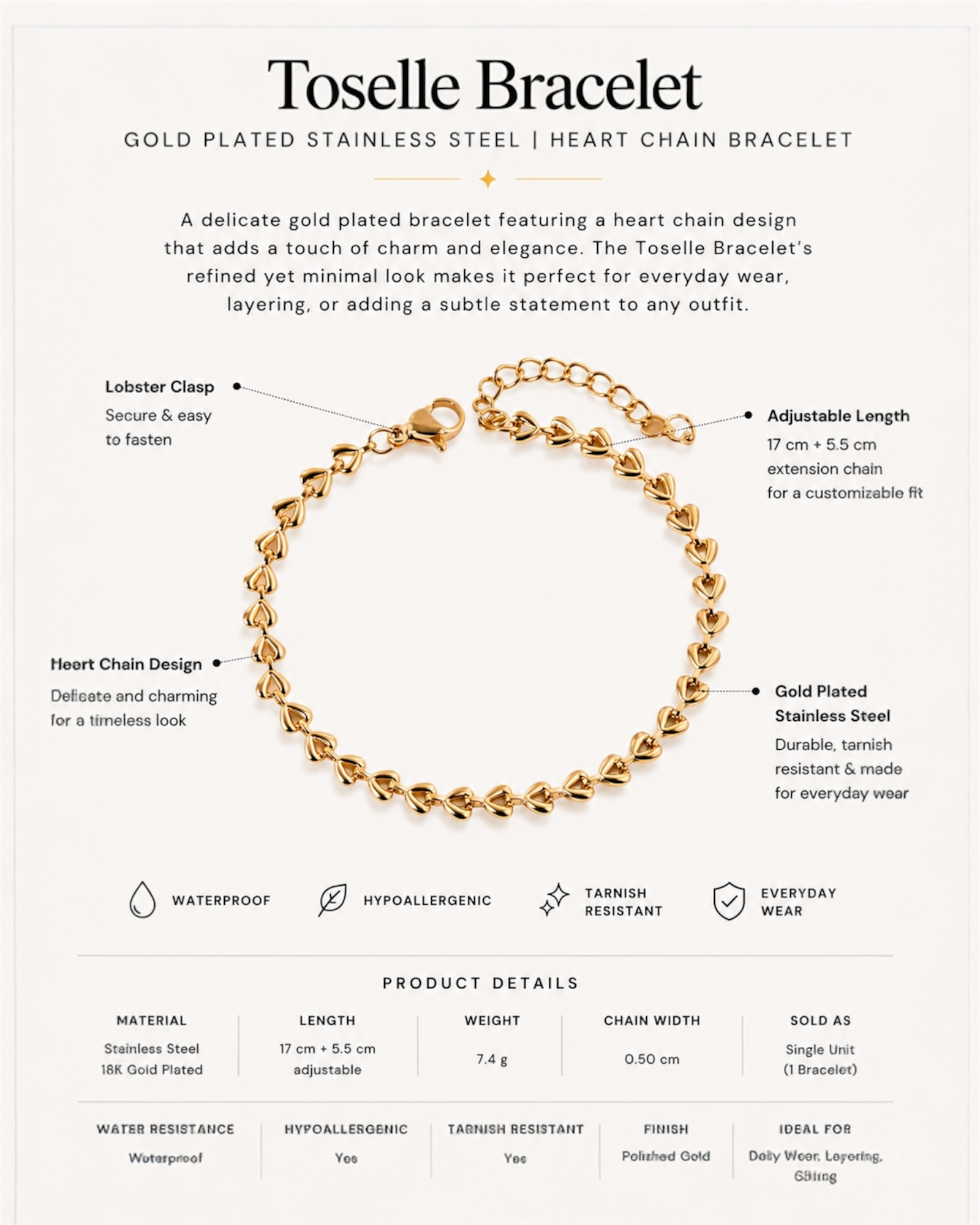 Gold-plated stainless steel bracelet with heart chain design on a white background