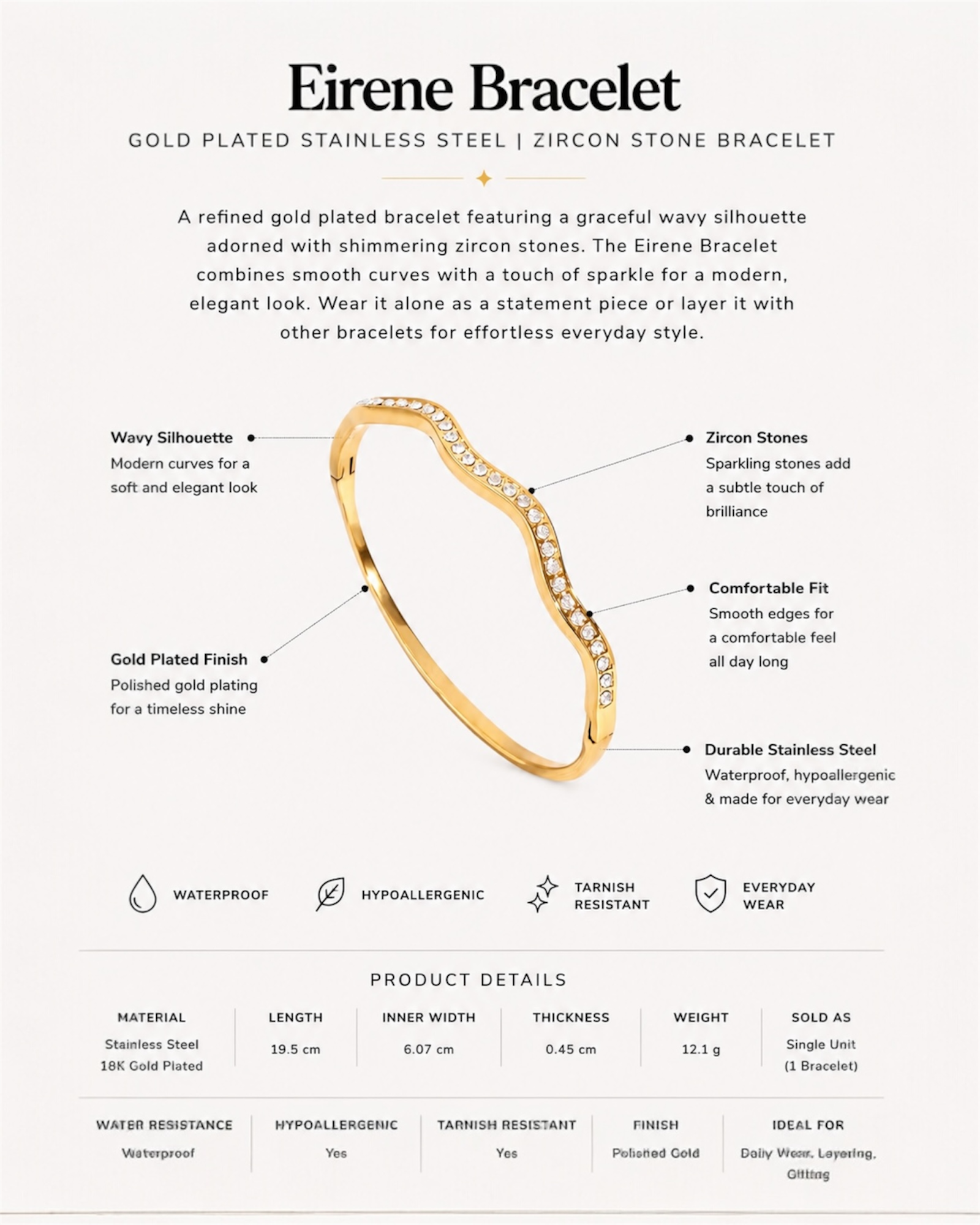Eirene Bracelet product description with gold bracelet illustration on a white background